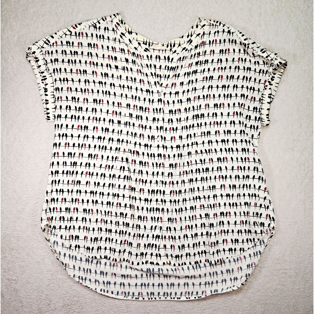 Jane and Delancey Women's 1X Button Down Blouse Bird Print Rayon Short Sleeve